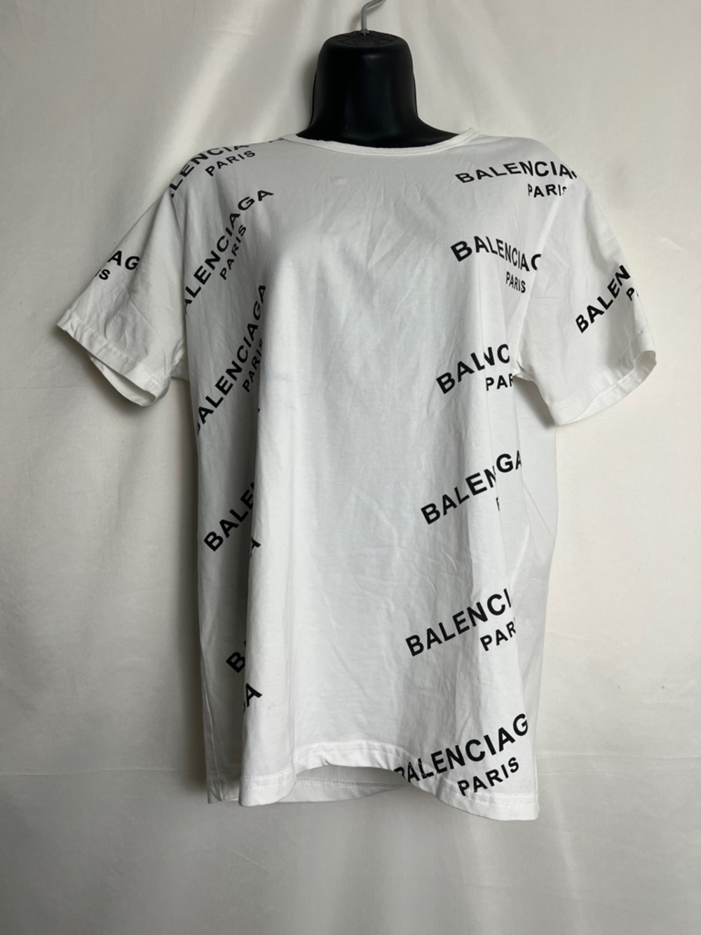 Balenciaga White T-Shirt with Black Logo Pattern